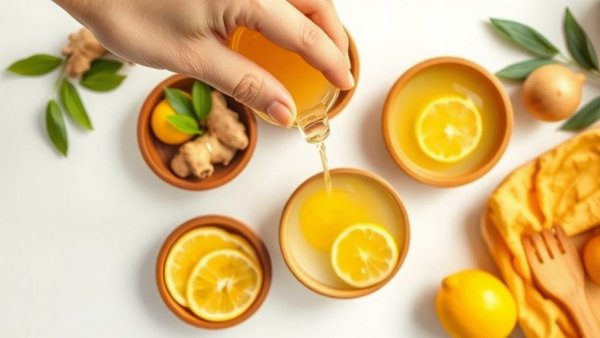 Ingredients for immune-boosting lemon ginger drink on a kitchen counter.