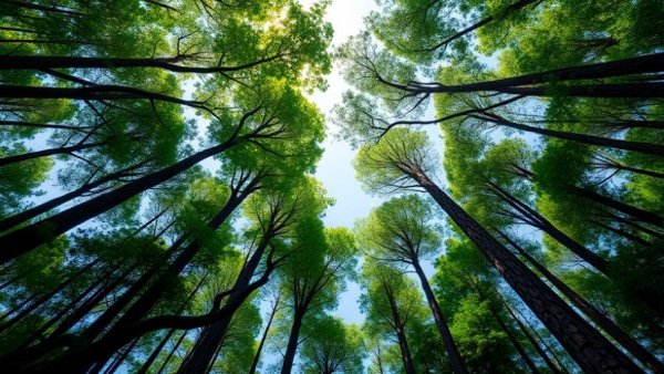 Celebrate Earth Day with Intention: upward view of towering forest trees.