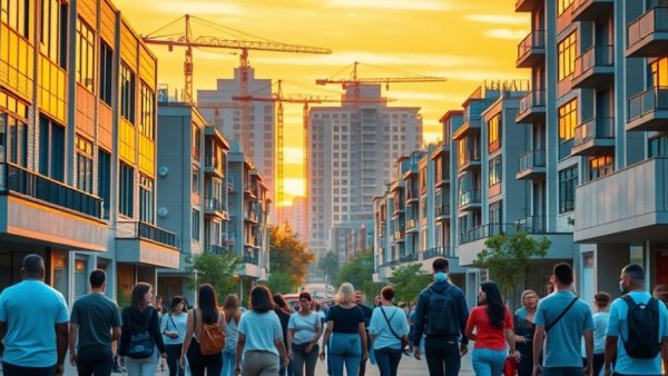 Hilltop neighborhood at sunset with bustling real estate activity.
