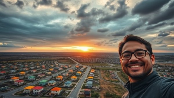 Aerial view of new build community near Denver with smiling person.