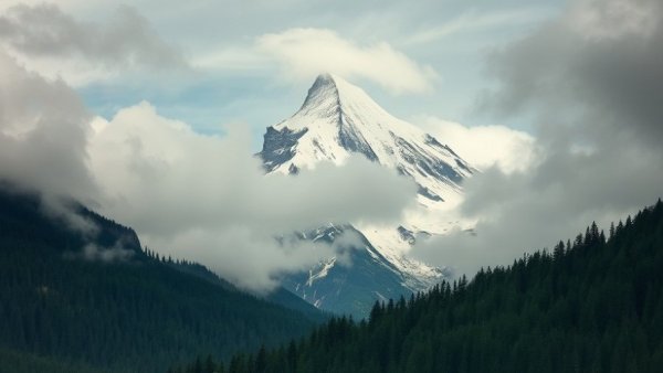 Vintage photo of famous Colorado mountains enveloped in clouds.