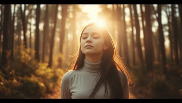 Young woman reflecting in sunlit forest; sustainable solutions theme.