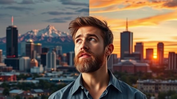 Comparing moving from Austin to Denver with cityscapes and thoughtful man.