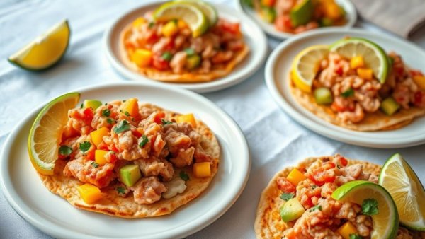 Easy smoky tuna tostadas with lime on white plates, bright lighting.