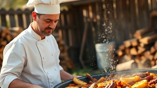 Chef cooking paella, focused expression, outdoor setting