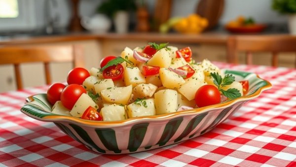 Colorful potato salad on red checkered tablecloth