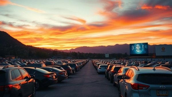 Colorado drive-in theater with cars at sunset, vibrant sky.