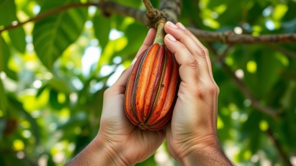 Harvesting cacao pod demonstrating regenerative agroforestry techniques.