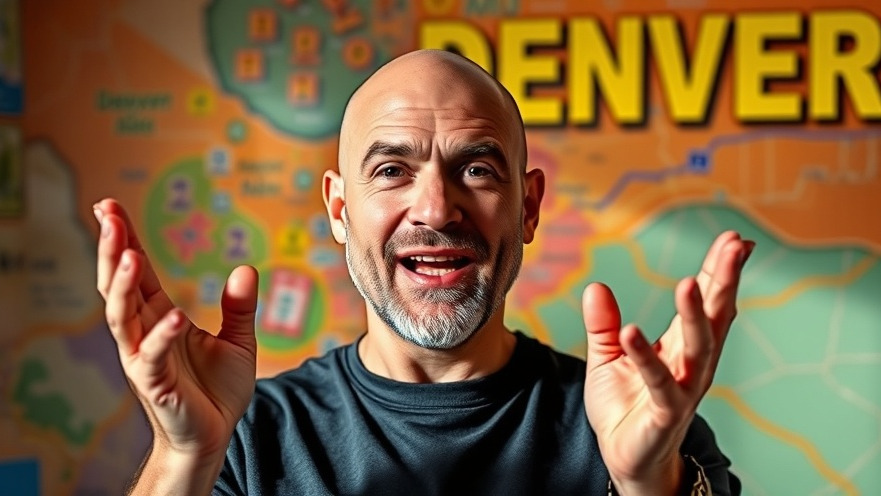 Enthusiastic man gesturing, highlighting affordable homes in Castle Rock on a colorful map.