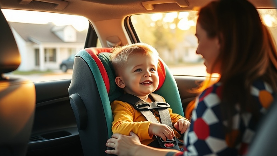 A caring parent secures a child in a colorful car seat, promoting child safety and community education.
