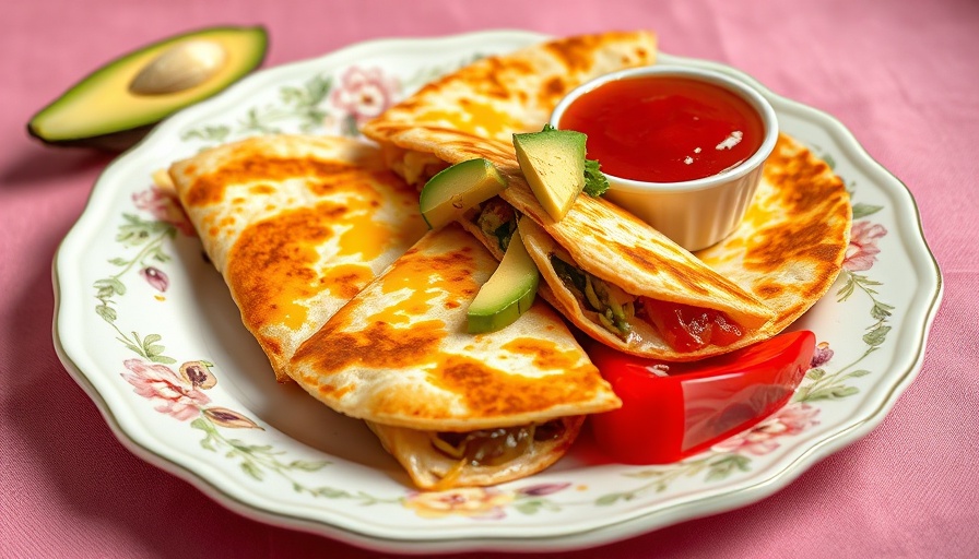 Cheesy quesadillas with avocado and hot sauce on a floral plate.