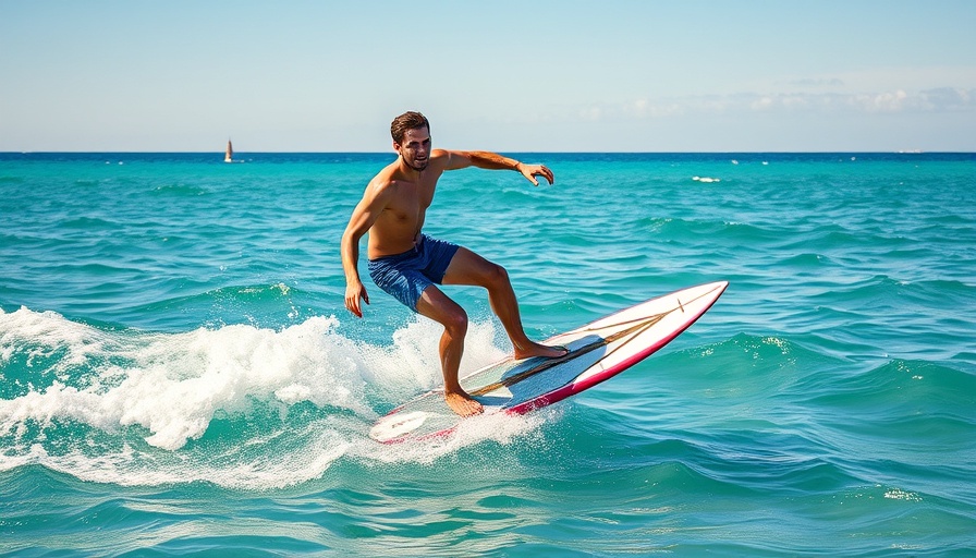 Surfer in wetsuit-lined boardshorts foiling on clear ocean waves.