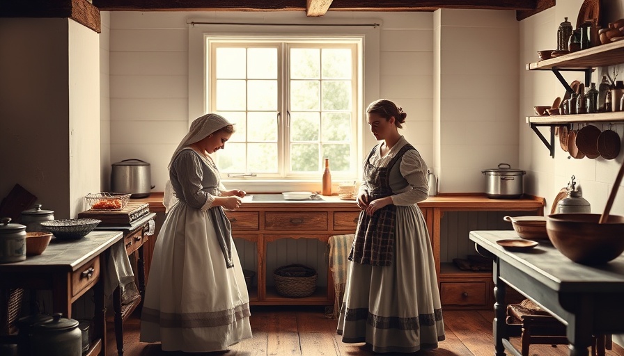 Historical kitchen scene at Rock Ledge Ranch, two women cooking and organizing.