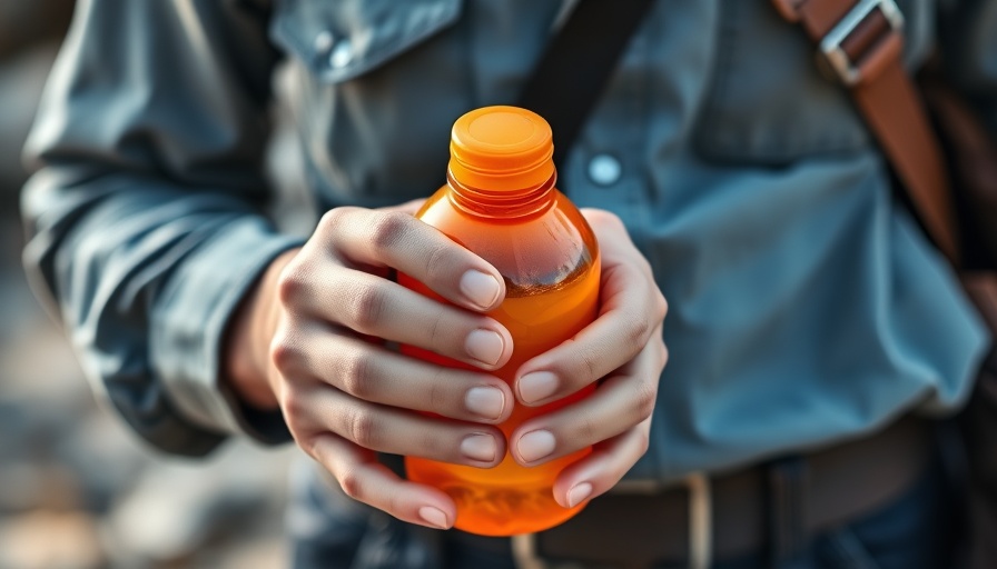 Traveler opening orange water bottle for healthy hydration.