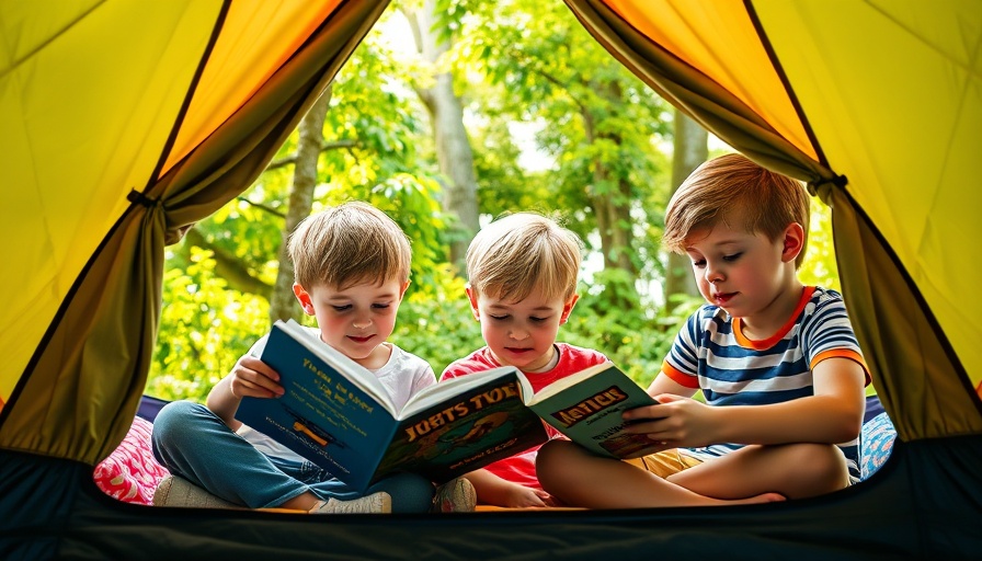 Children camping in a tent, reading and enjoying summer