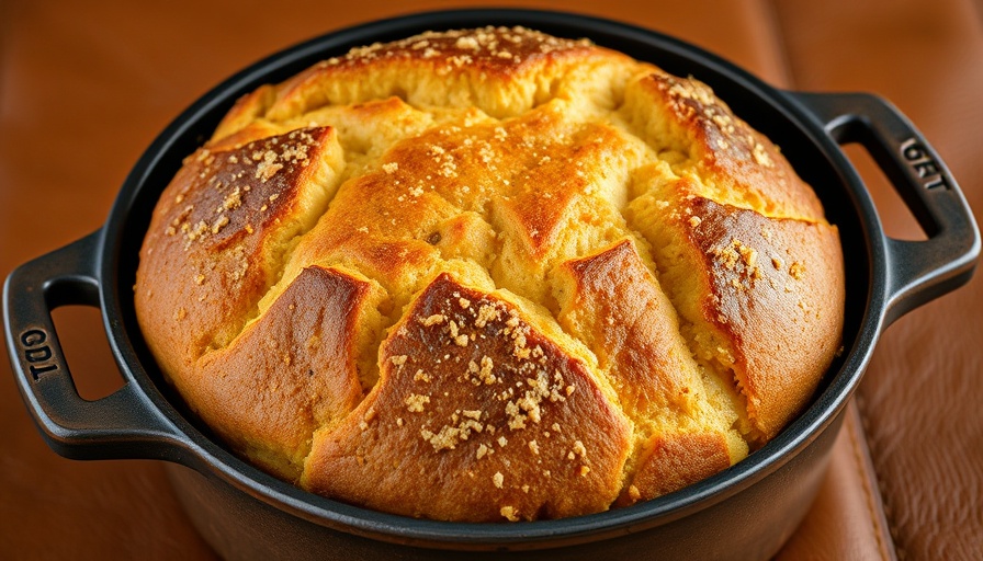 Golden crusted cheddar jalapeño bread in rustic pot on leather background.