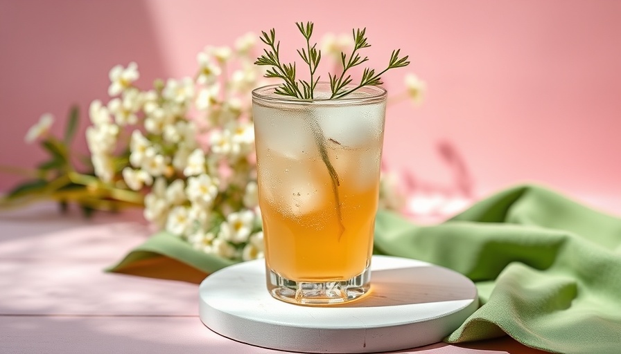 Refreshing fennel honey soda in tall glass with ice and fennel garnish.