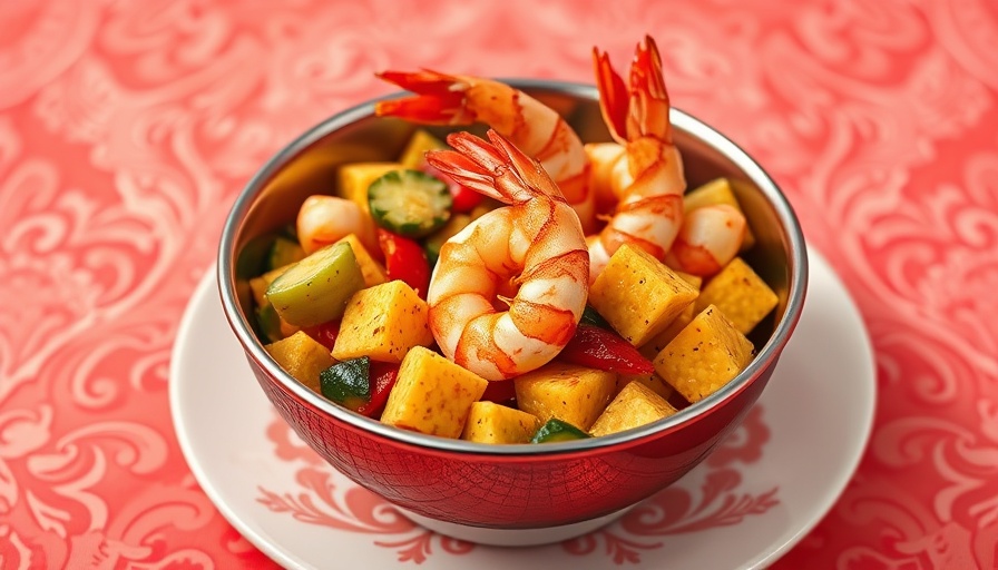 Appetizing precooked polenta recipe with shrimp and vegetables in a bowl.