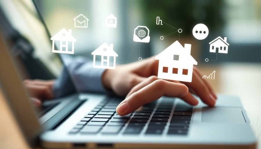 Digital real estate icons floating above a keyboard, representing Northern Colorado real estate transactions.
