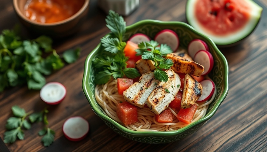 Colorful Thai-inspired chicken noodle watermelon salad.
