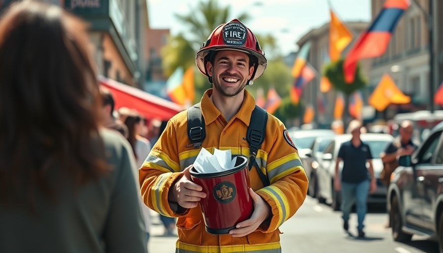 Volunteer firefighter holding boot at Castle Rock Fill the Boot campaign.