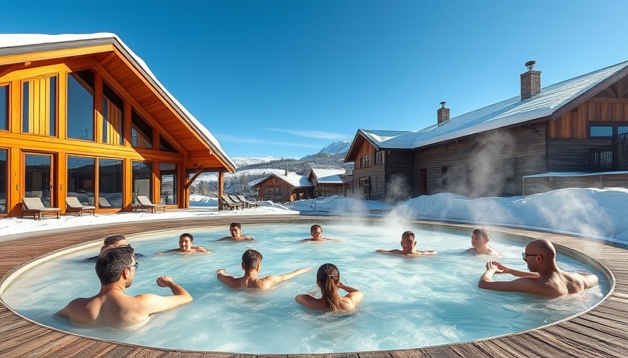 Modern hot spring facility near Steamboat Springs with snowy backdrop.