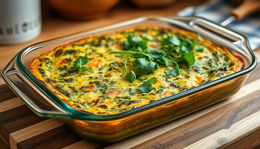 Pesto salmon frittata with greens on wooden board.