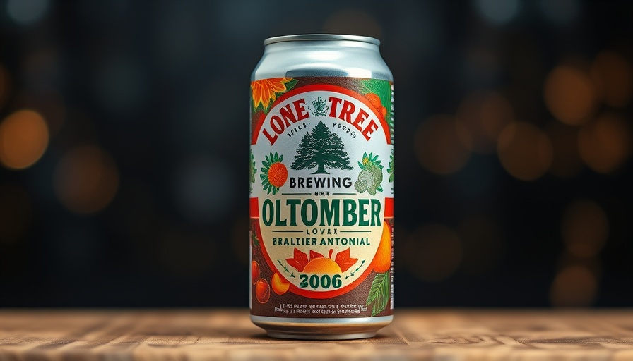 Close-up of Lone Tree Brewing Oktoberfest beer can on a wooden surface.