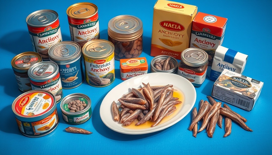 Variety of the best anchovies for cooking arranged on a blue background.