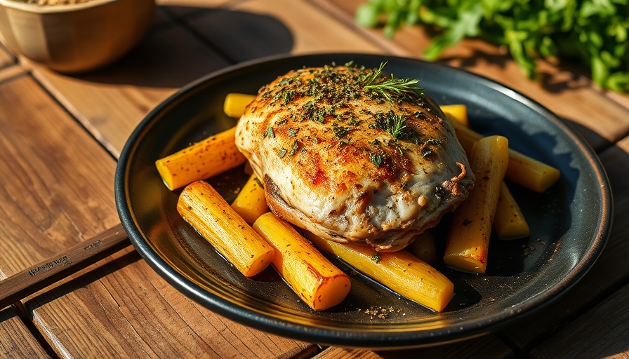 Herbed chicken thighs and parsnips with cider mustard pan sauce on plate.
