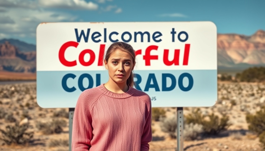 Confused woman in front of Welcome to Colorful Colorado sign, Colorado Livability Rankings.