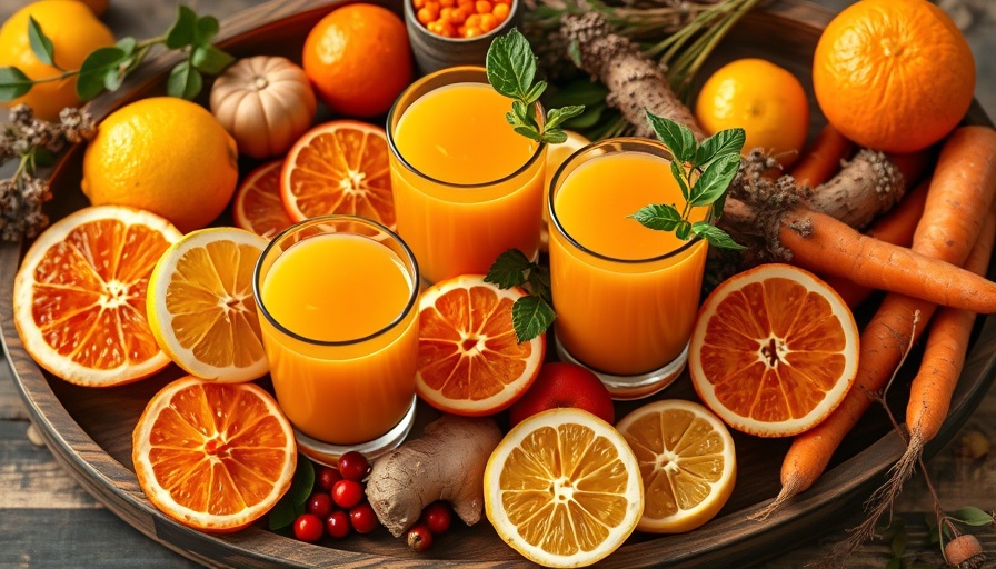 Autumn equinox feast with fresh orange juice and vibrant fruits.