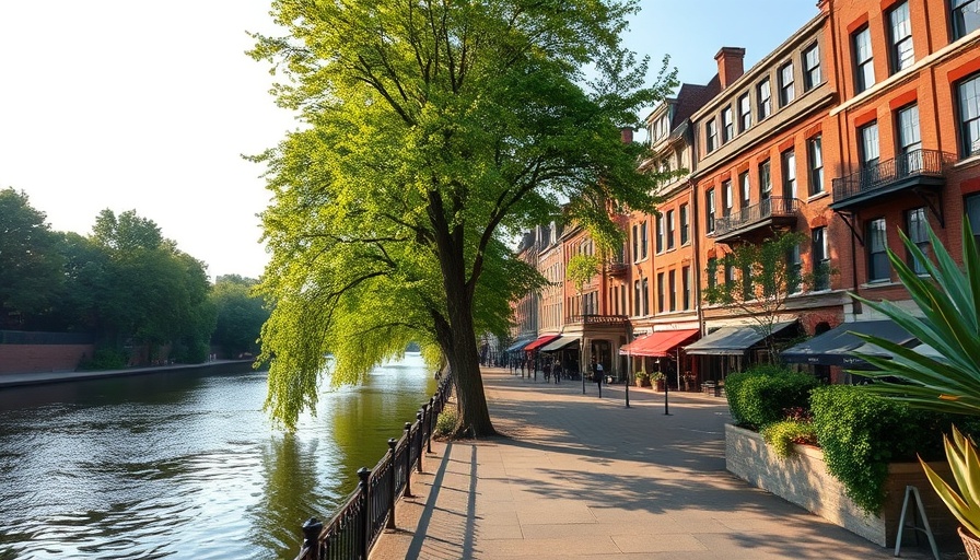 Pueblo riverside walkway lined with trees and red-brick buildings.