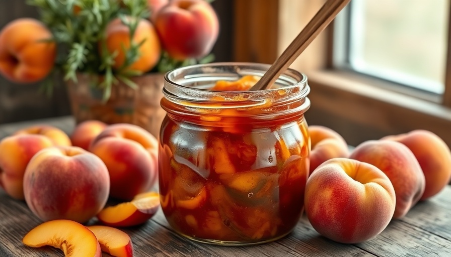 Homemade sweet and sour peach chutney in a jar with fresh peaches.