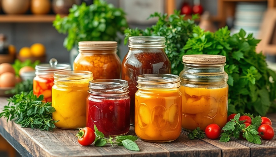 Assorted preserves in jars on a rustic table, small batch preserving.