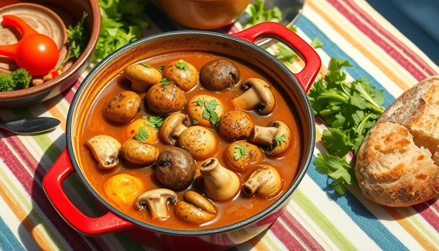 Mushroom stew with salad and baguette on striped tablecloth.