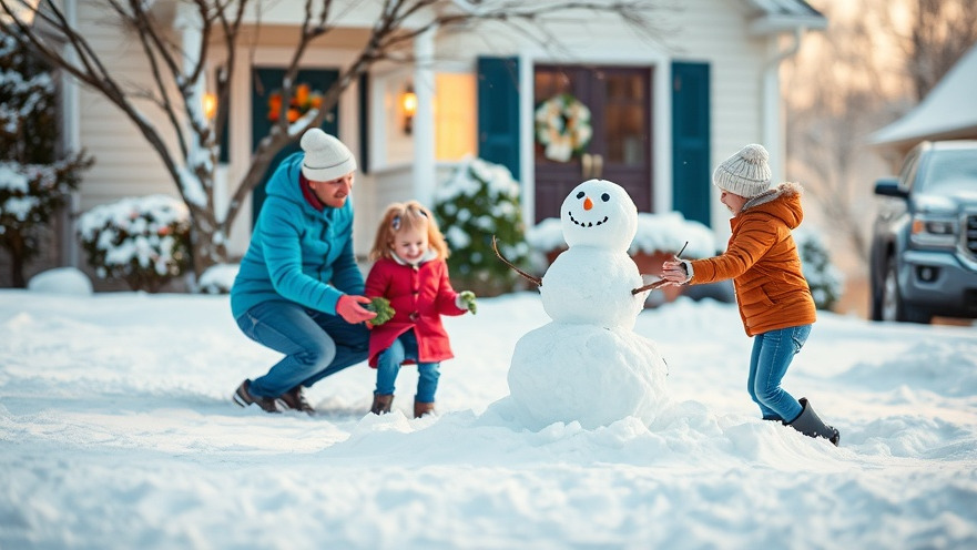 A cheerful family builds a snowman, showcasing effective snow removal for community safety.