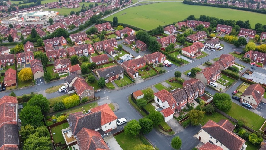 Aerial view of a housing estate showcasing modern homes and green spaces.
