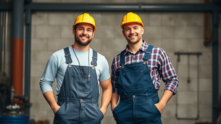 Two plumbers in different overalls standing side by side for plumbing services.