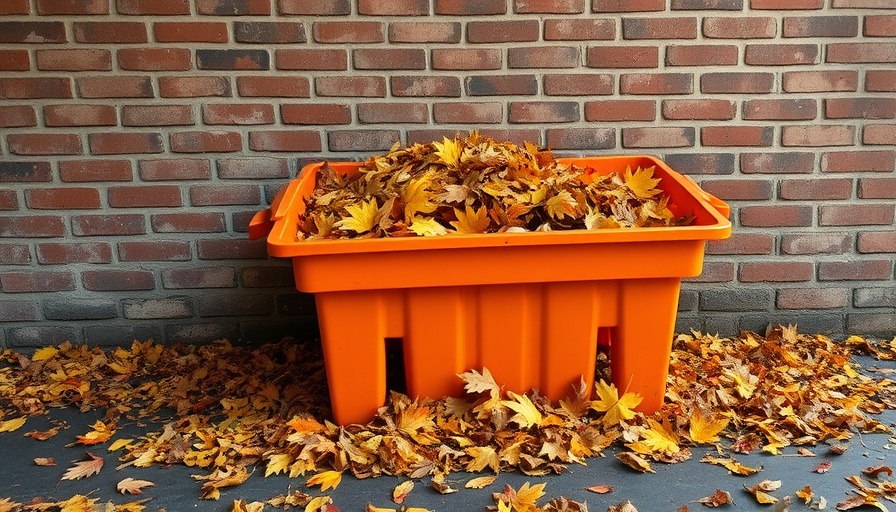 Orange skip filled with autumn leaves against a brick wall.