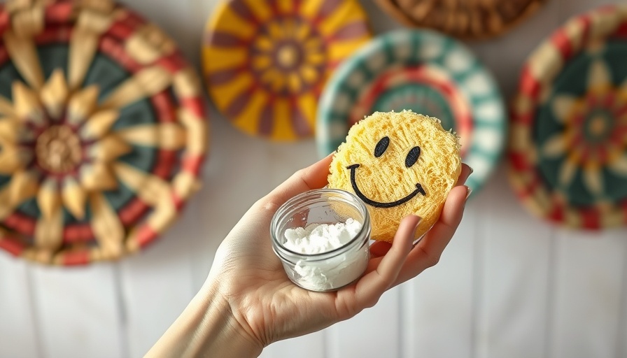 Hand holding Scrub Daddy Power Paste sponge in front of decorative wall.