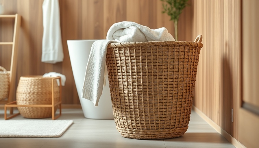 Elegant woven laundry basket in modern bathroom with towels.