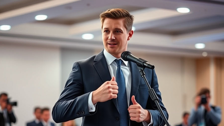 Confident individual speaking at event on AI safety regulations.