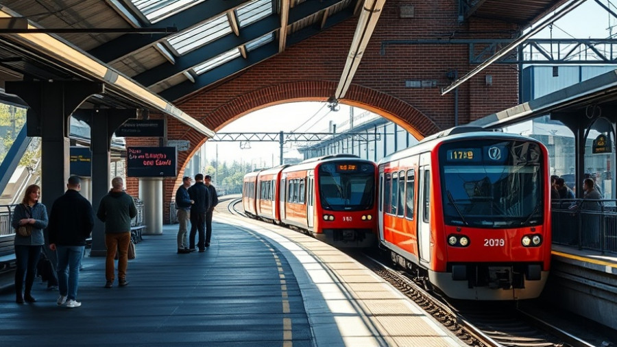 Finchley Central Tube Station with approaching train under brick bridge.