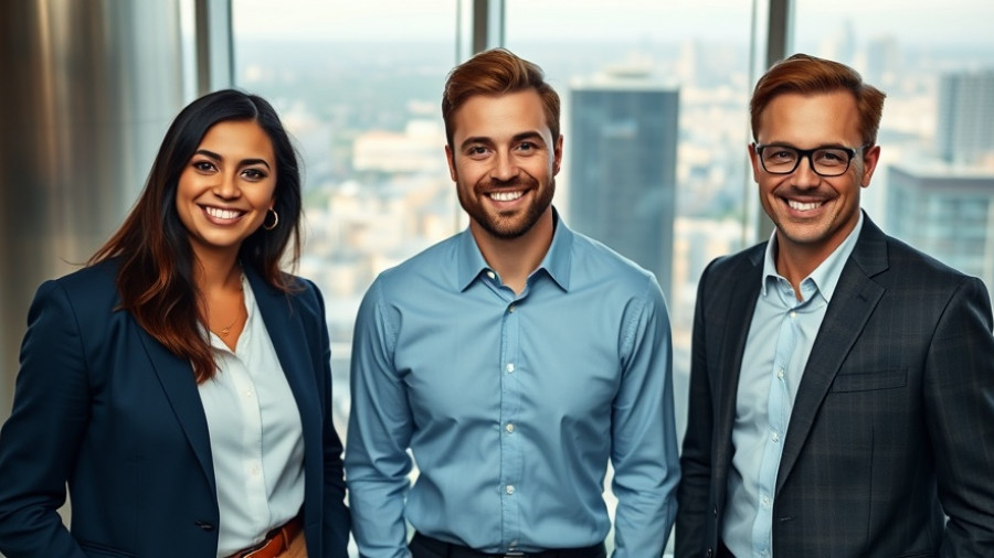 Three young professionals in an office with city view.