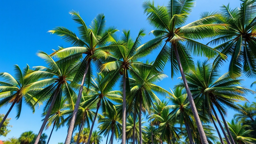 Tall palm trees against blue sky, serene tropical setting