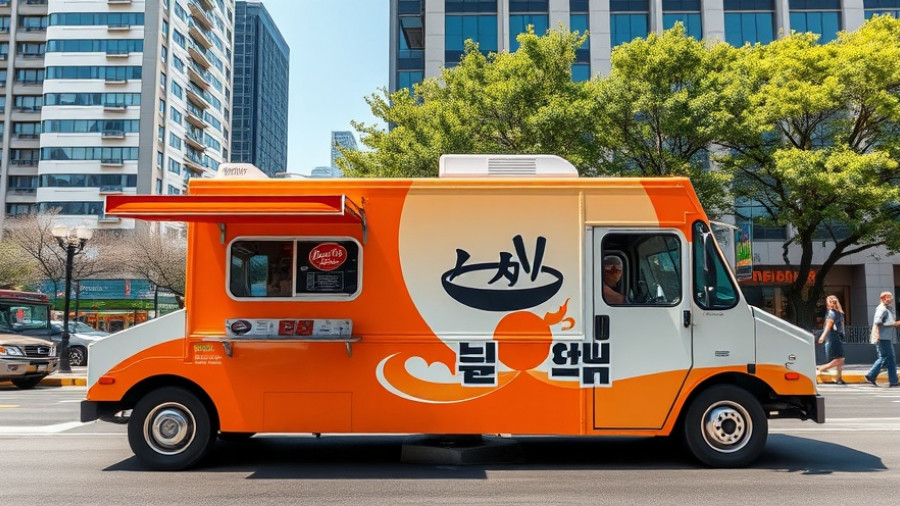Korean BBQ food truck with vibrant design on a city street.