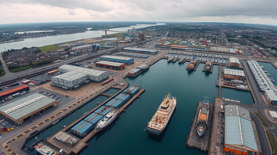 Aerial view of Falmouth Docks redevelopment showcasing its busy operations.