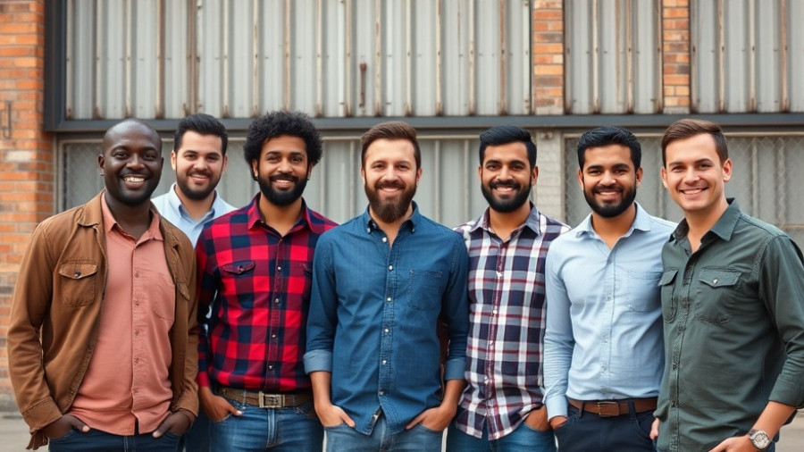 Team acquisition in construction industry, group of men standing confidently in front of building.
