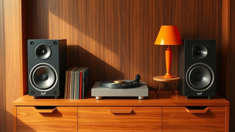 Mid-century setup with KEF Coda W speakers and vinyl records